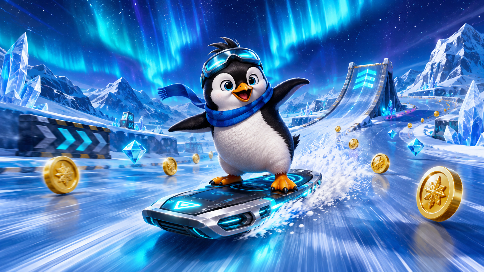 Pinguim surfando em uma pista polar